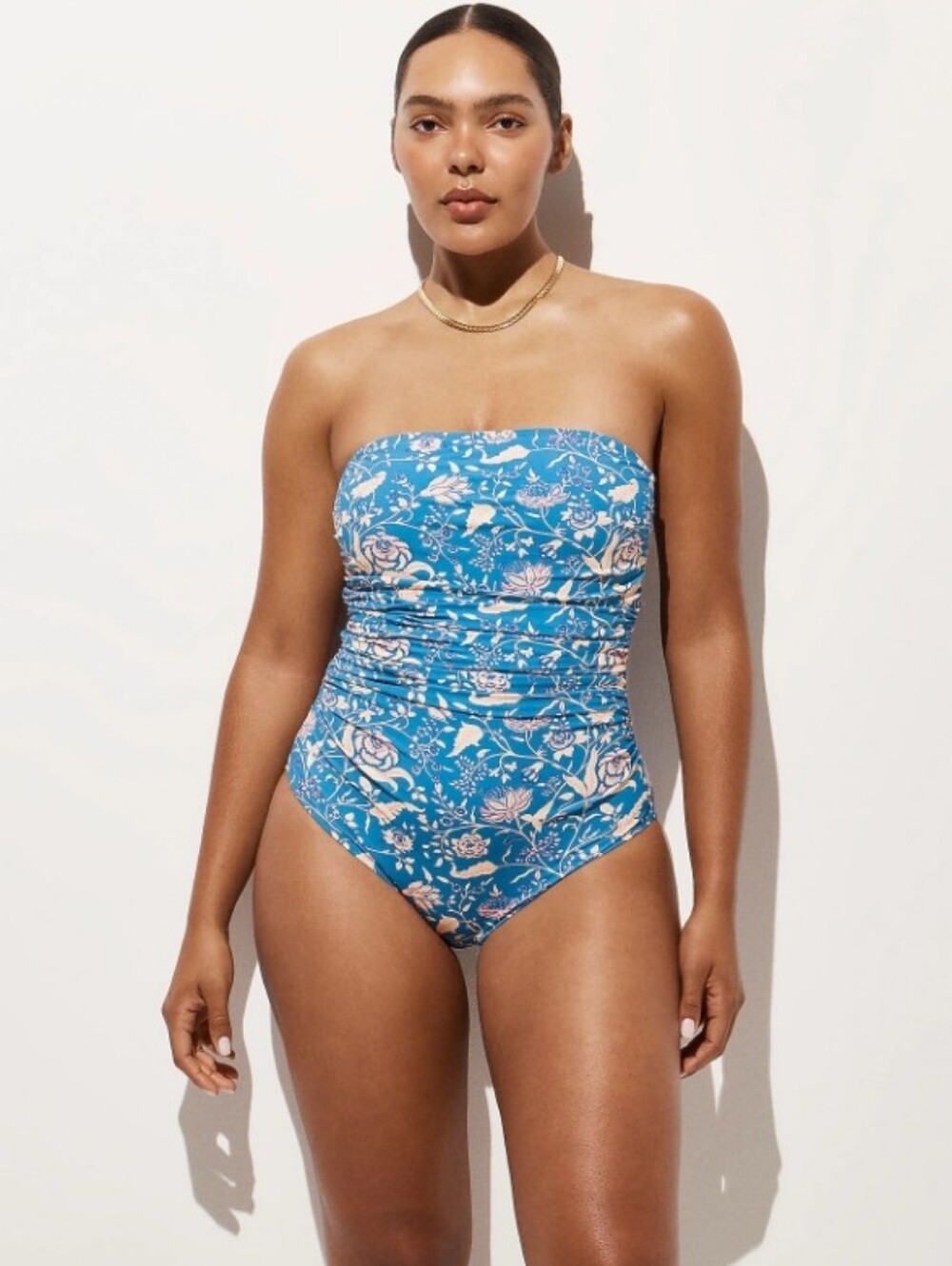 J. Crew Gemma Ruched Bandeau One-piece-  Aqua/pink Floral Print